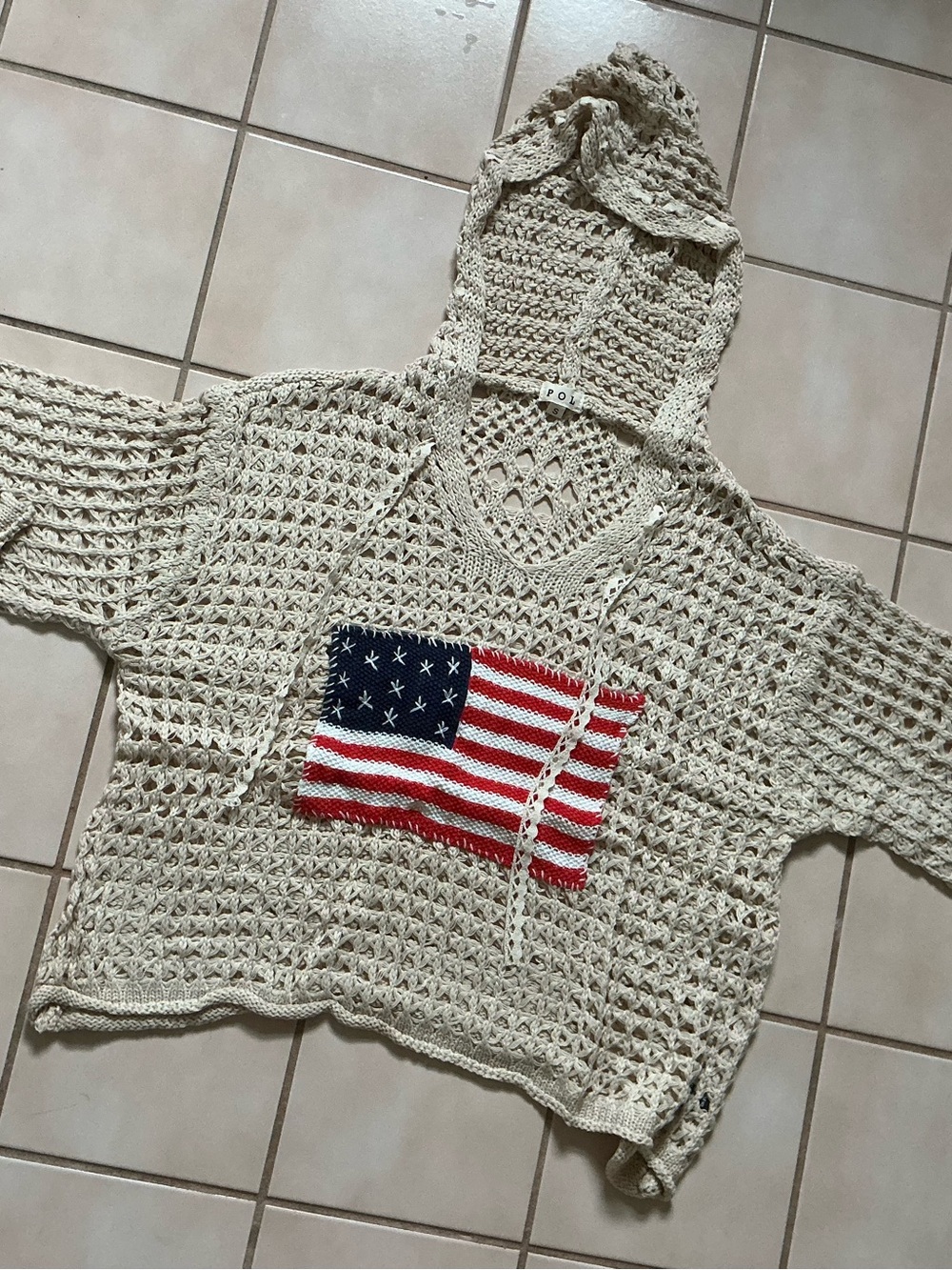 Pol- American Flag Open Knit Crochet Sweater Top Sz Small NWOT! Beige